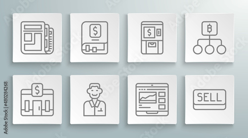 Set line Bank building, Financial book, Trader, Trading courses, Sell button, ATM and money, Blockchain technology Bitcoin and Stock market news icon. Vector