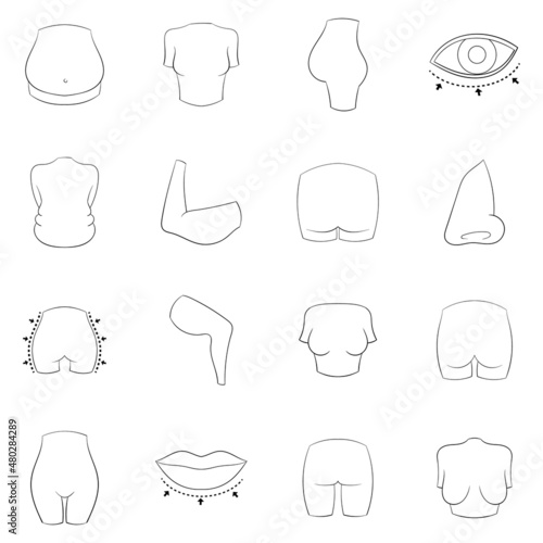 Plastic surgeon set icons in outline style isolated on white background