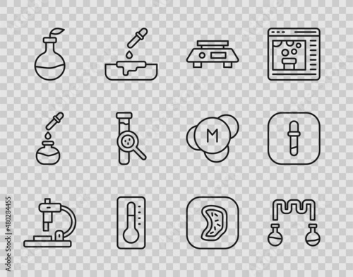Set line Microscope, Test tube and flask, Electronic scales, Medical thermometer, Plant breeding, Bacteria and Pipette icon. Vector