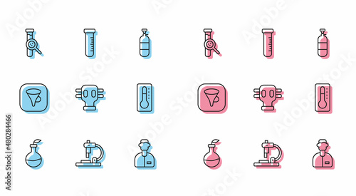 Set line Plant breeding, Microscope, Test tube and flask, Laboratory assistant, Gas mask, Medical thermometer, Funnel filter and icon. Vector