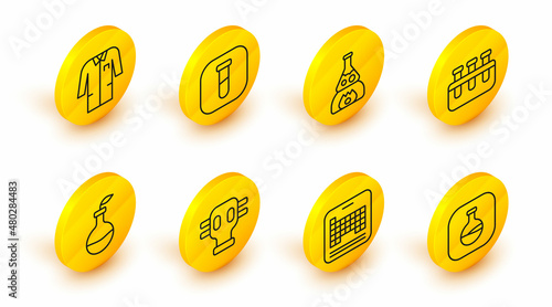 Set line Test tube and flask, Periodic table, Gas mask, Plant breeding, on fire, and Laboratory uniform icon. Vector