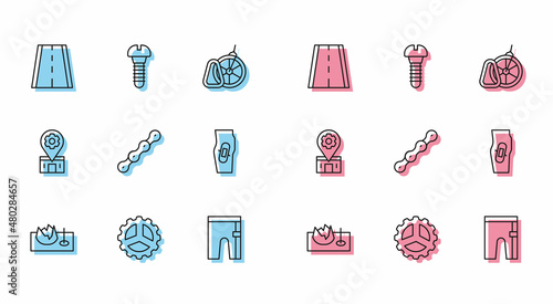 Set line Bicycle on street ramp, sprocket crank, lane, Cycling shorts, chain, Plaster leg, repair service and Metallic screw icon. Vector