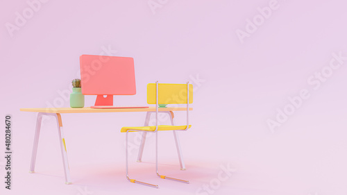 Orange desk and yellow chair in pink room. orange-pink computer on table and green accessories. Copy space for your text. bright office desk concept  3D Render.