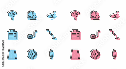 Set line Bicycle lane, wheel, helmet, suspension, pedal, pedals, repair service and Gloves icon. Vector