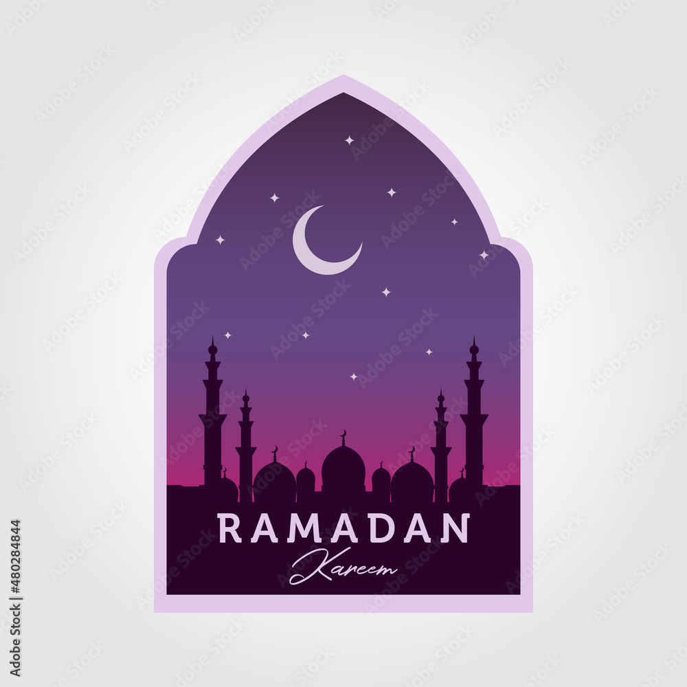 Mosque landscape night background logo. islamic ramadan vector illustration
