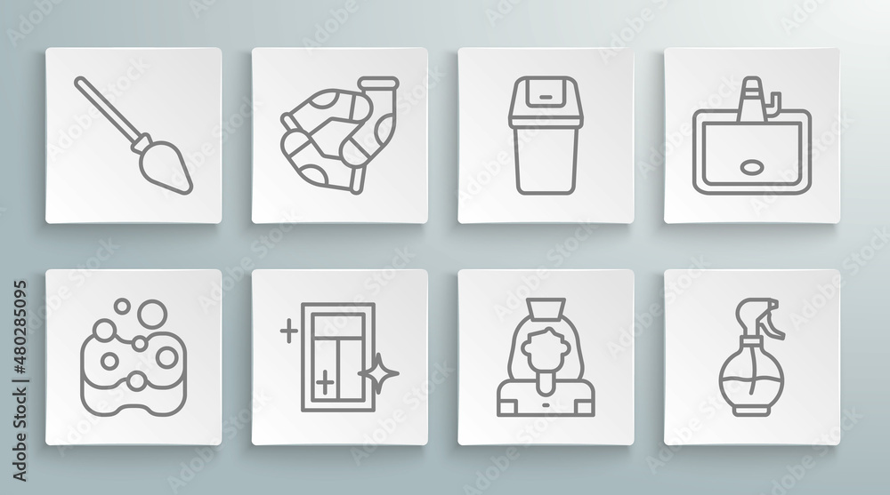 Set line Sponge, Socks, Cleaning service for window, lady, Water spray bottle, Trash can, Washbasin and Handle broom icon. Vector Set line Sponge, Socks, Cleaning service for window, lady, Water spray bottle, Trash can, Washbasin and Handle broom icon. Vector