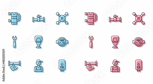 Set line Broken pipe, Plumber, Heated towel rail, Electric boiler, Toilet bowl, Water meter, Wrench spanner and Industry and valve icon. Vector