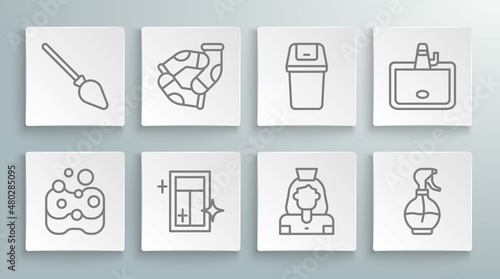 Set line Sponge, Socks, Cleaning service for window, lady, Water spray bottle, Trash can, Washbasin and Handle broom icon. Vector