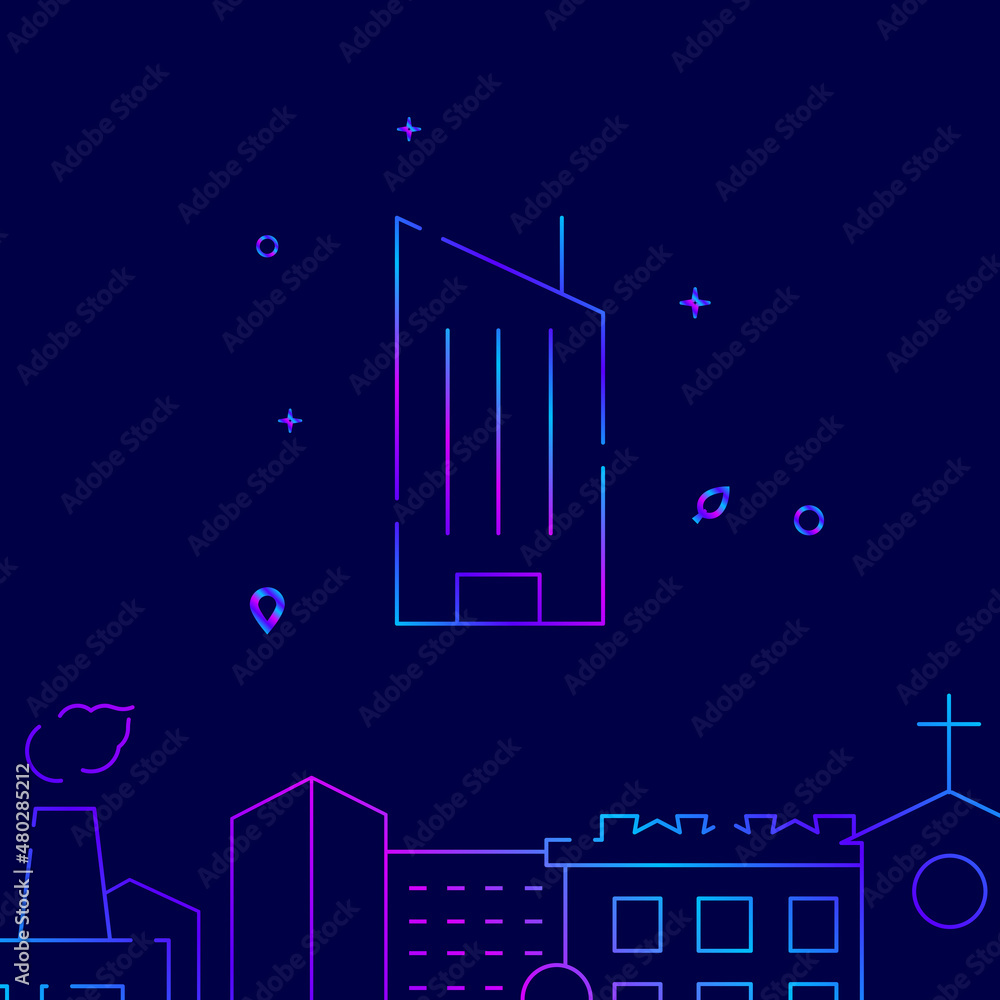 Fototapeta premium Skyscraper gradient line vector icon, simple illustration on a dark blue background, cityscape buildings related bottom border.