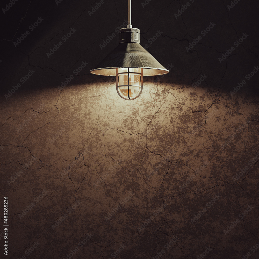 Old wooden ceiling lamp Light up dark room in front old, dilapidated  concrete wall. Space for your banner and logo or message. 3D Render.  ilustración de Stock | Adobe Stock