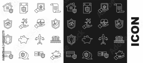Set line Piggy bank in hand, House flood, Life insurance with shield, Safe, Plane, and icon. Vector