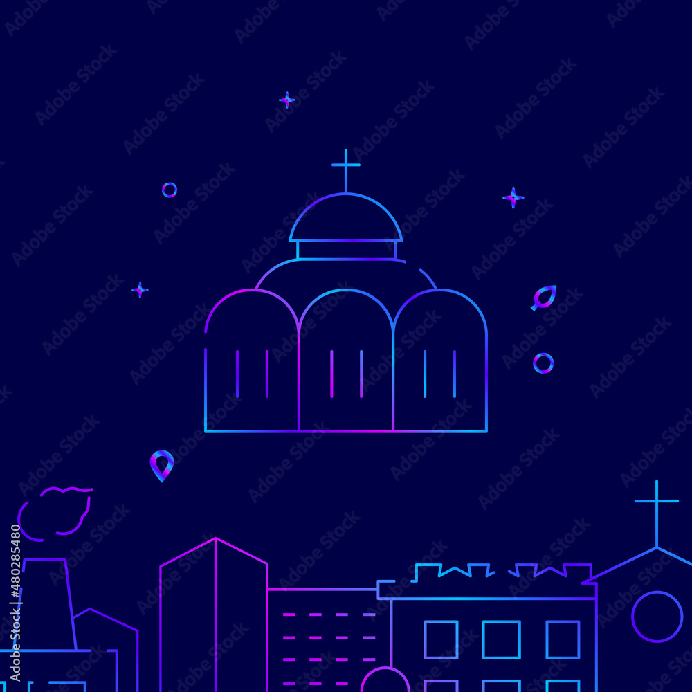 Orthodox christian church with dome gradient line vector icon, simple illustration on a dark blue background, cityscape buildings related bottom border.
