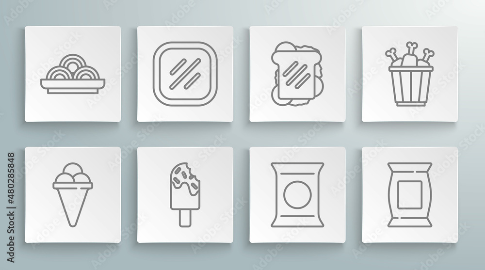 Set line Ice cream in waffle cone, Steak meat, Bag or packet potato chips, Sandwich, Chicken leg package box and Asian noodles bowl icon. Vector Set line Ice cream in waffle cone, Steak meat, Bag or packet potato chips, Sandwich, Chicken leg package box and Asian noodles bowl icon. Vector