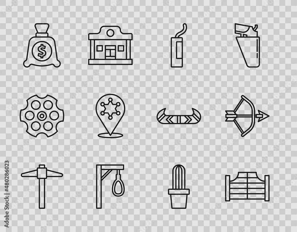 Set line Pickaxe, Saloon door, Dynamite bomb, Gallows, Money bag, Hexagram sheriff, Cactus peyote in pot and Bow and arrow quiver icon. Vector Set line Pickaxe, Saloon door, Dynamite bomb, Gallows, Money bag, Hexagram sheriff, Cactus peyote in pot and Bow and arrow quiver icon. Vector