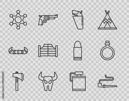 Set line Tomahawk axe, Smoking pipe, Revolver gun holster, Buffalo skull, Hexagram sheriff, Saloon door, Canteen water bottle and icon. Vector
