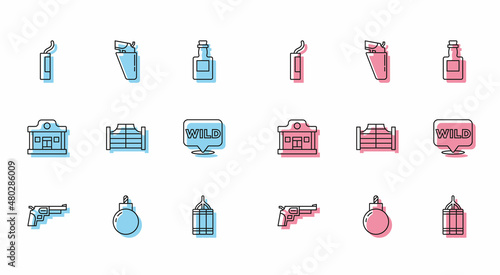 Set line Revolver gun, Bomb ready to explode, Dynamite bomb, Saloon door, Pointer wild west, Wild saloon and holster icon. Vector