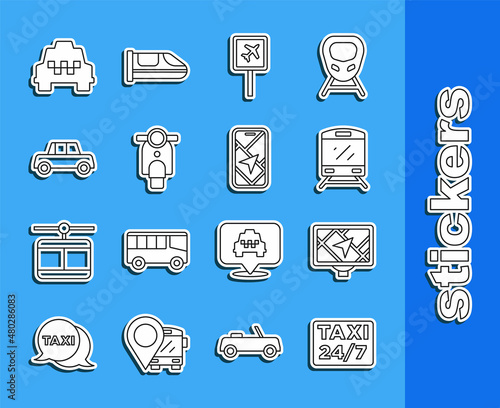 Set line Location with taxi, Gps device map, Train, Airport, Scooter, Car, Taxi car and City navigation icon. Vector