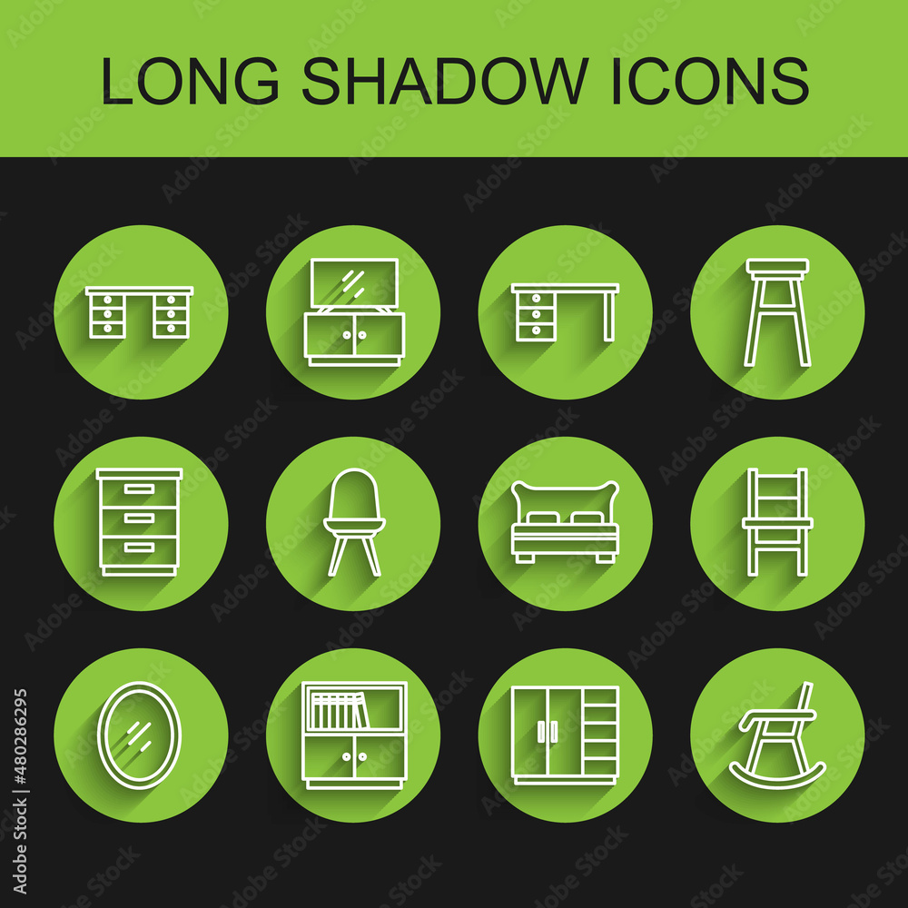 Set line Mirror, Library bookshelf, Office desk, Wardrobe, Armchair, Chair, and Big bed icon. Vector Set line Mirror, Library bookshelf, Office desk, Wardrobe, Armchair, Chair, and Big bed icon. Vector