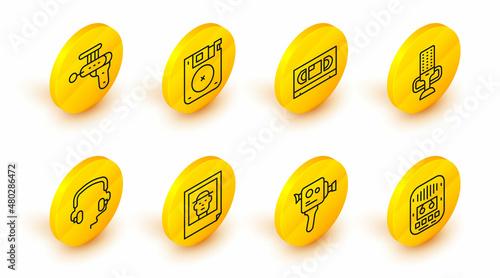 Set line Cassette tape player, Retro cinema camera, Photo, Headphones, Microphone, VHS video cassette, Floppy disk and Ray gun icon. Vector