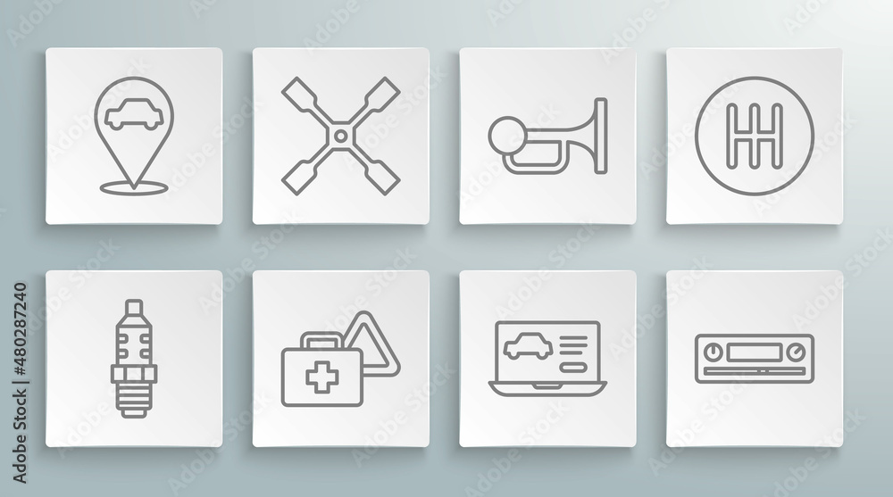 Set line Car spark plug, Wheel wrench, First aid kit and warning triangle, Diagnostics condition of car, Audio, Signal horn vehicle, Gear shifter and Location with service icon. Vector Set line Car spark plug, Wheel wrench, First aid kit and warning triangle, Diagnostics condition of car, Audio, Signal horn vehicle, Gear shifter and Location with service icon. Vector