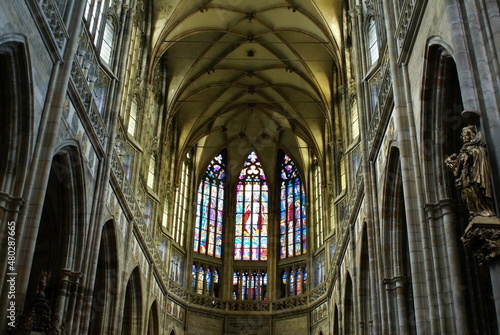 Stained glass window in St Vitus Cathedral in the Prague Castle complex in Prague, Czech Republic