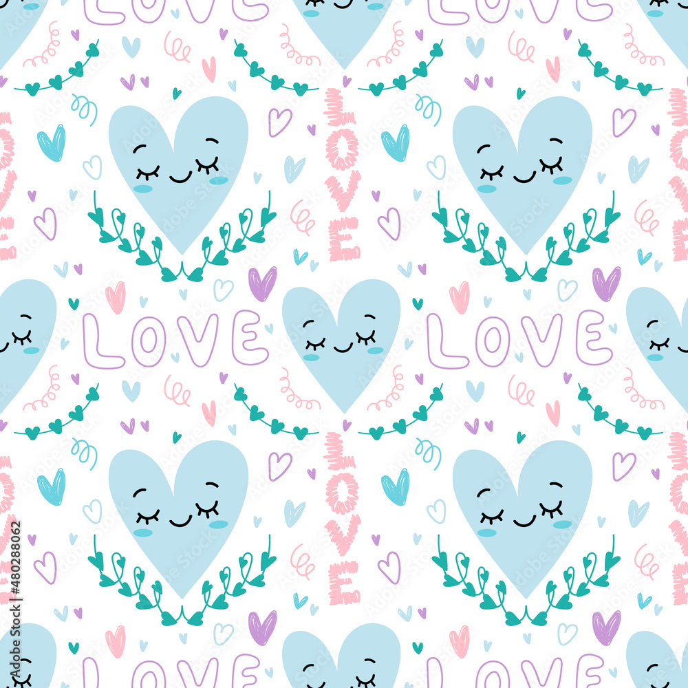 Romantic doodle style seamless pattern with hearts and handwritten words love. Childish gentle style with pastel colors. Isolated on white background.