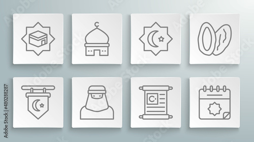 Set line Star and crescent, Muslim Mosque, woman in niqab, Holy book of Koran, Ramadan calendar, Octagonal star, Date fruit and Kaaba mosque icon. Vector