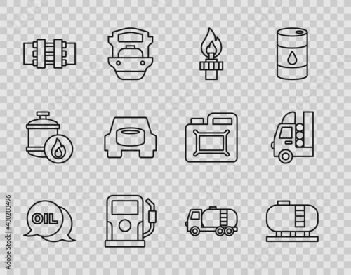 Set line Word oil, Oil tank storage, rig with fire, Petrol gas station, Metallic pipes and valve, Spare wheel in the car, Tanker truck and Gas for vehicle icon. Vector