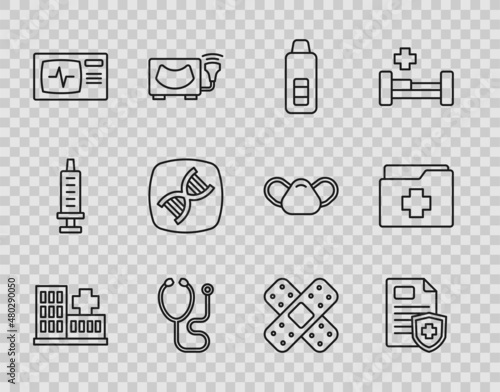 Set line Hospital building, Patient record, Digital thermometer, Stethoscope, Monitor with cardiogram, DNA symbol, Crossed bandage plaster and icon. Vector