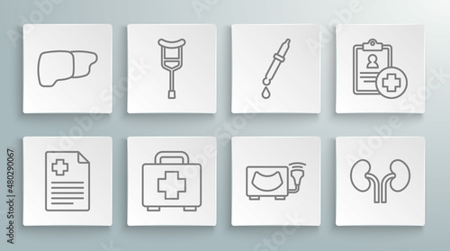 Set line Patient record, Crutch crutches, First aid kit, Ultrasound, Human kidneys, Pipette, and organ liver icon. Vector