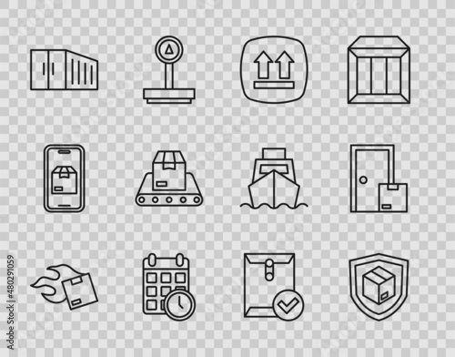Set line Carton cardboard box, Delivery security with shield, This side up, Cardboard calendar, Container, Conveyor belt, Envelope and check mark and Home delivery services icon. Vector