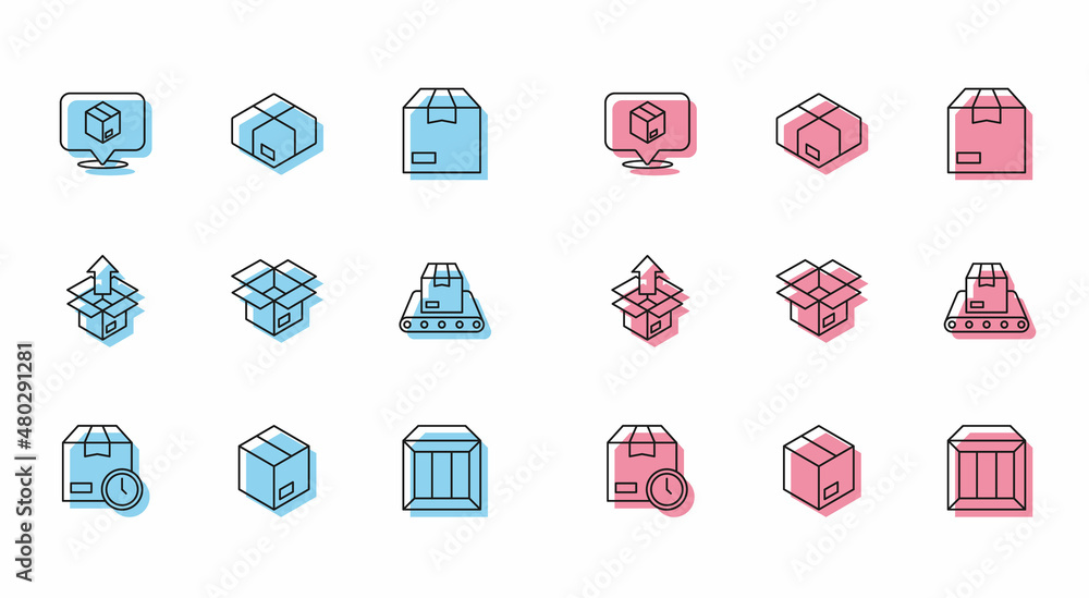 Set line Cardboard box with clock, Carton cardboard, Location, Unboxing, Conveyor belt, and icon. Vector Set line Cardboard box with clock, Carton cardboard, Location, Unboxing, Conveyor belt, and icon. Vector