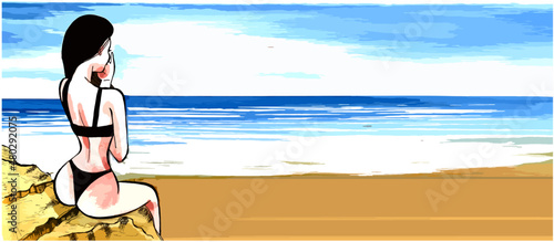  Brunette girl in a bikini. The girl is sitting on her back on a rock looking out to sea. Vector illustration.