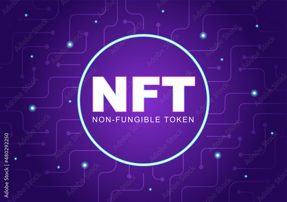 NFT Non Fungible Token Crypto Art of Converting Into Digital Network with Coin Servers for Banner or Poster in Flat Background Illustration