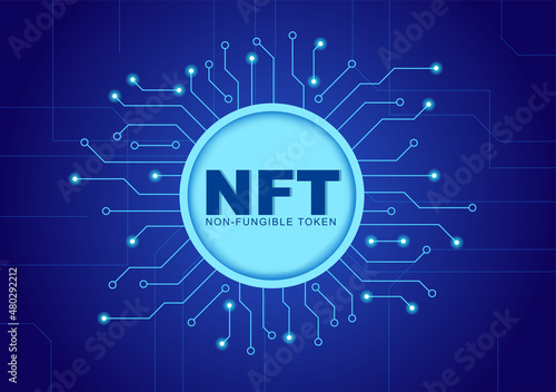 NFT Non Fungible Token Crypto Art of Converting Into Digital Network with Coin Servers for Banner or Poster in Flat Background Illustration