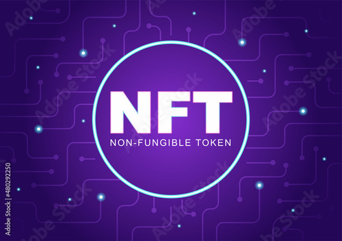 NFT Non Fungible Token Crypto Art of Converting Into Digital Network with Coin Servers for Banner or Poster in Flat Background Illustration