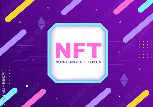 NFT Non Fungible Token Crypto Art of Converting Into Digital Network with Coin Servers for Banner or Poster in Flat Background Illustration