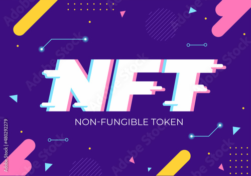 NFT Non Fungible Token Crypto Art of Converting Into Digital Network with Coin Servers for Banner or Poster in Flat Background Illustration