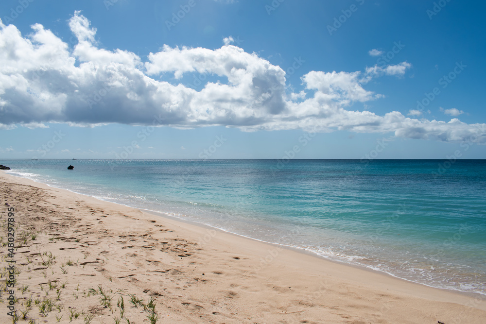 A view of a white sand beach on the west coast of the island of Barbados in the Caribbean