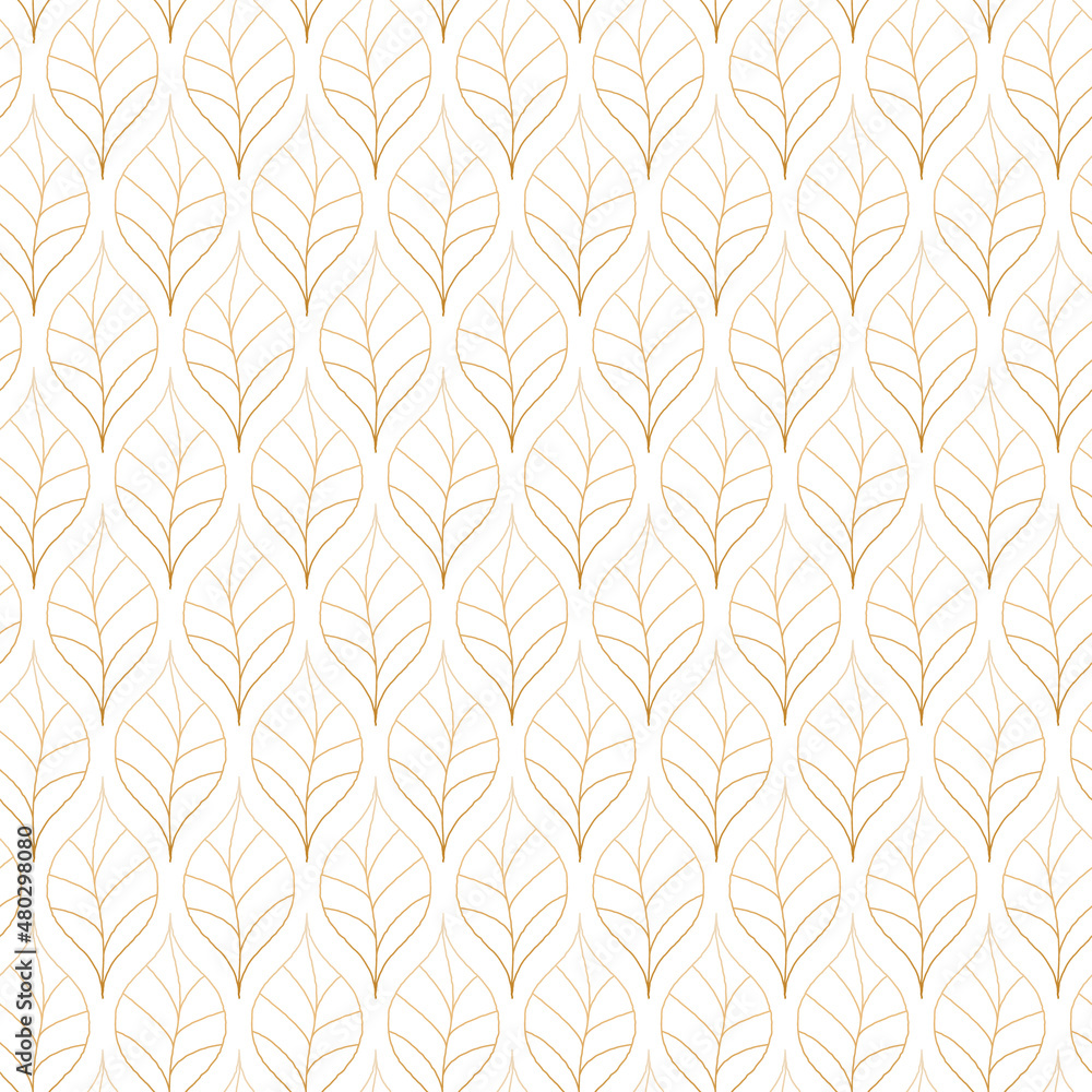Retro floral seamless pattern. Contour linear leaves of gold on white background. Vintage backdrop in art deco style for textile and paper design Retro floral seamless pattern. Contour linear leaves of gold on white background. Vintage backdrop in art deco style for textile and paper design