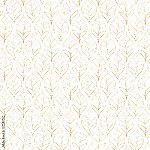 Retro floral seamless pattern. Contour linear leaves of gold on white background. Vintage backdrop in art deco style for textile and paper design
