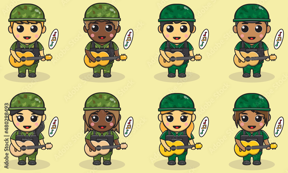 Vector illustration cartoon of cute Soldier playing Guitar. Set of soldiers. Cute Army cartoon. flat cartoon character design. Soldiers Isolated vector illustration. Vector illustration cartoon of cute Soldier playing Guitar. Set of soldiers. Cute Army cartoon. flat cartoon character design. Soldiers Isolated vector illustration.