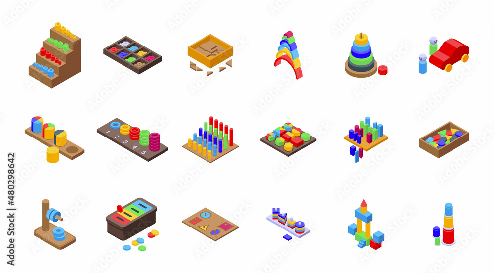 Montessori system icons set isometric vector. Block childhood. Children development Montessori system icons set isometric vector. Block childhood. Children development
