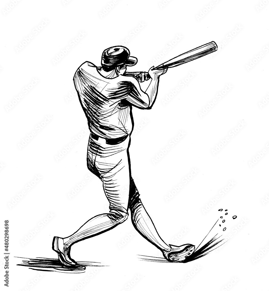 Baseball player with a bat. Ink black and white drawing Stock