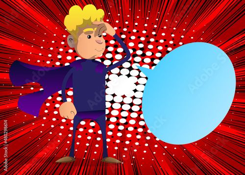 Funny cartoon man dressed as a superhero confused, scratching his head. Vector illustration.