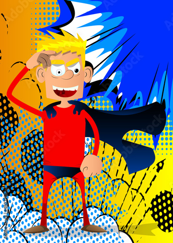 Funny cartoon man dressed as a superhero confused, scratching his head. Vector illustration.