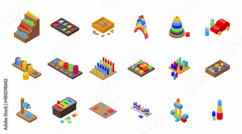 Montessori system icons set isometric vector. Block childhood. Children development