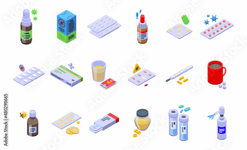 Antiviral medicines icons set isometric vector. Covid syringe. Corona drug