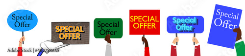 Hand holding up a banner with Special Offer text. Showing billboard banner, sign. Sale, shopping, shop retail business concept.
