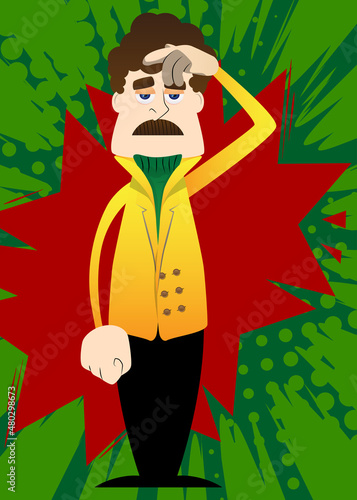 Funny cartoon man dressed for winter confused, scratching his head. Vector illustration.